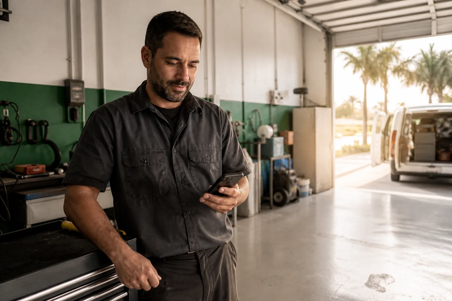 A local service-business owner reviewing an appointment on a phone after field work