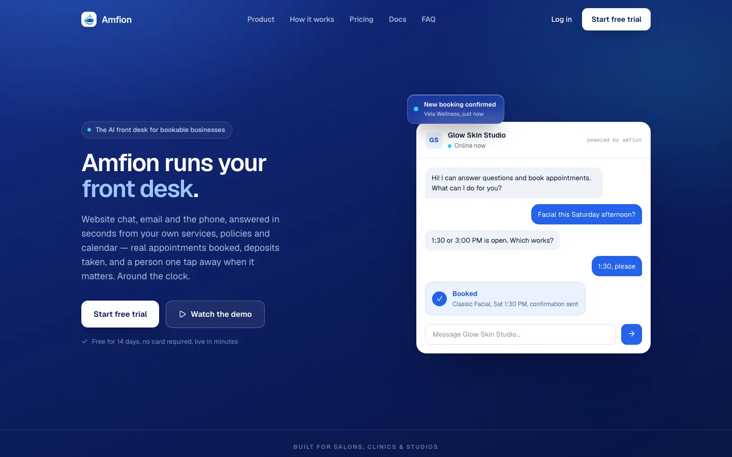 Amfion homepage showing an AI front desk completing an appointment booking