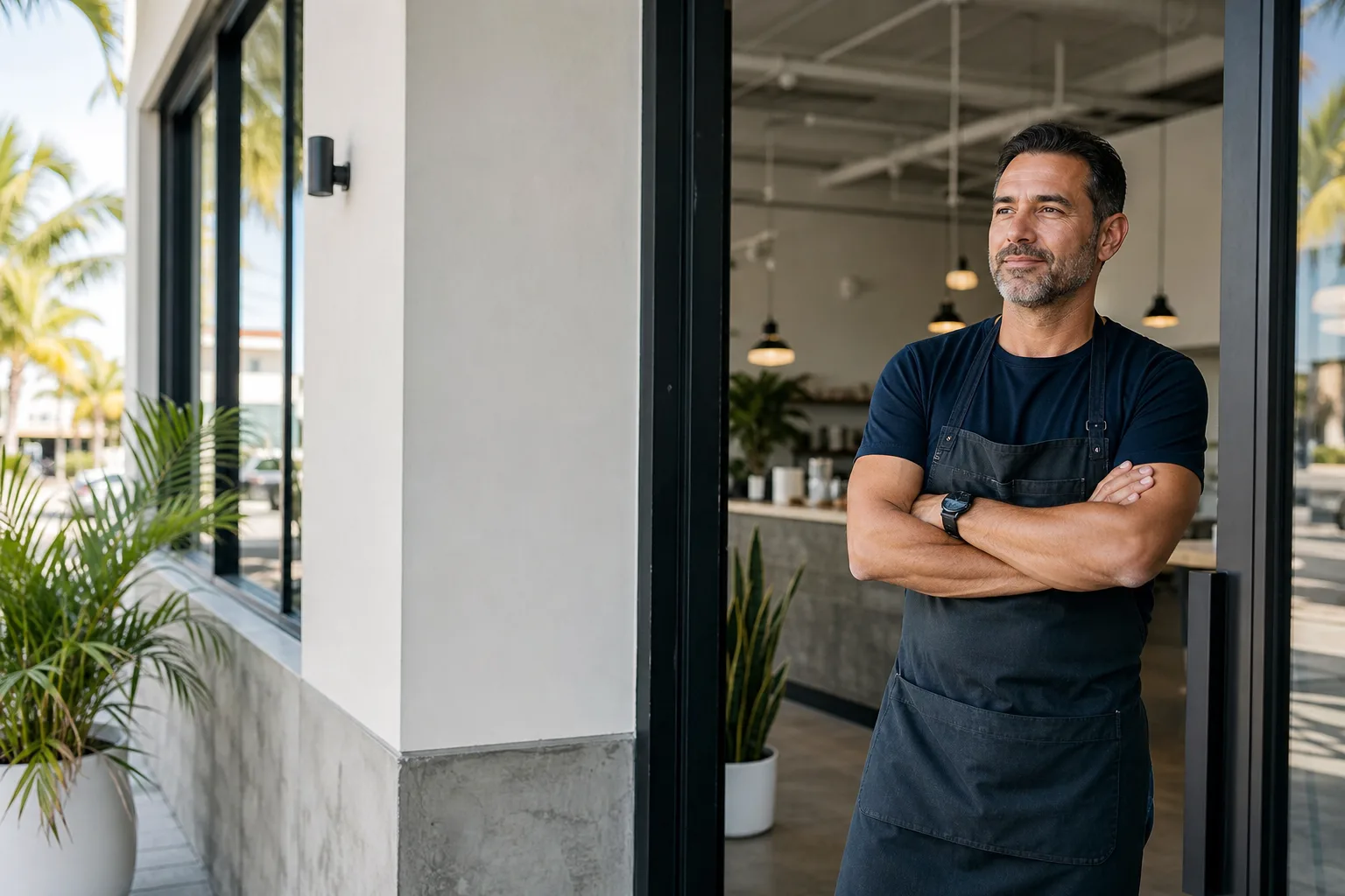 A South Florida service business owner standing in his storefront