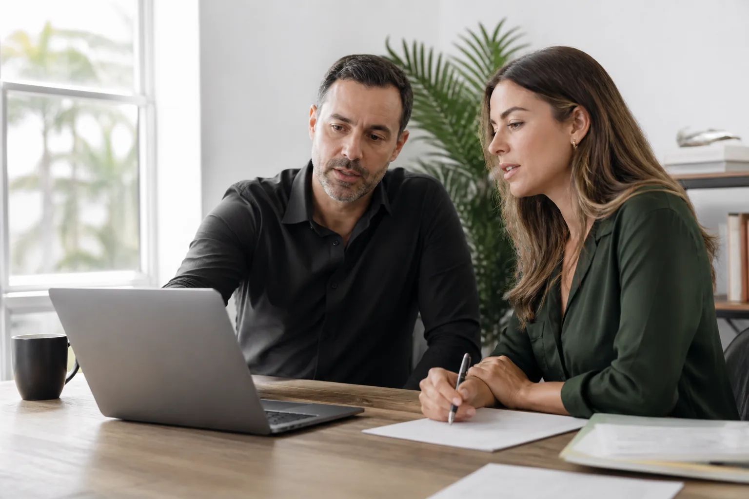 Two professional-services colleagues reviewing a website project in a bright office
