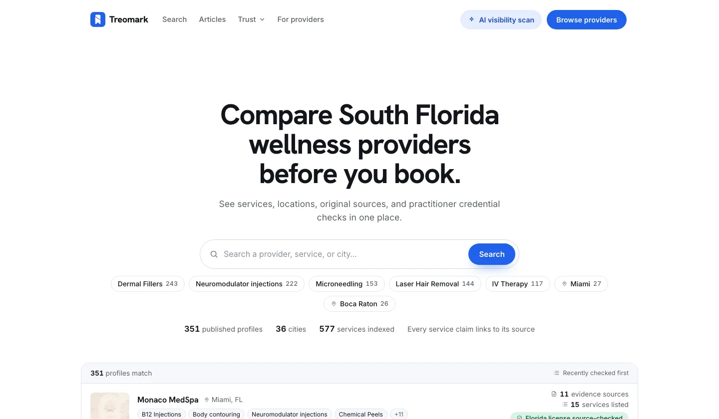 Treomark homepage showing source-connected South Florida wellness provider search